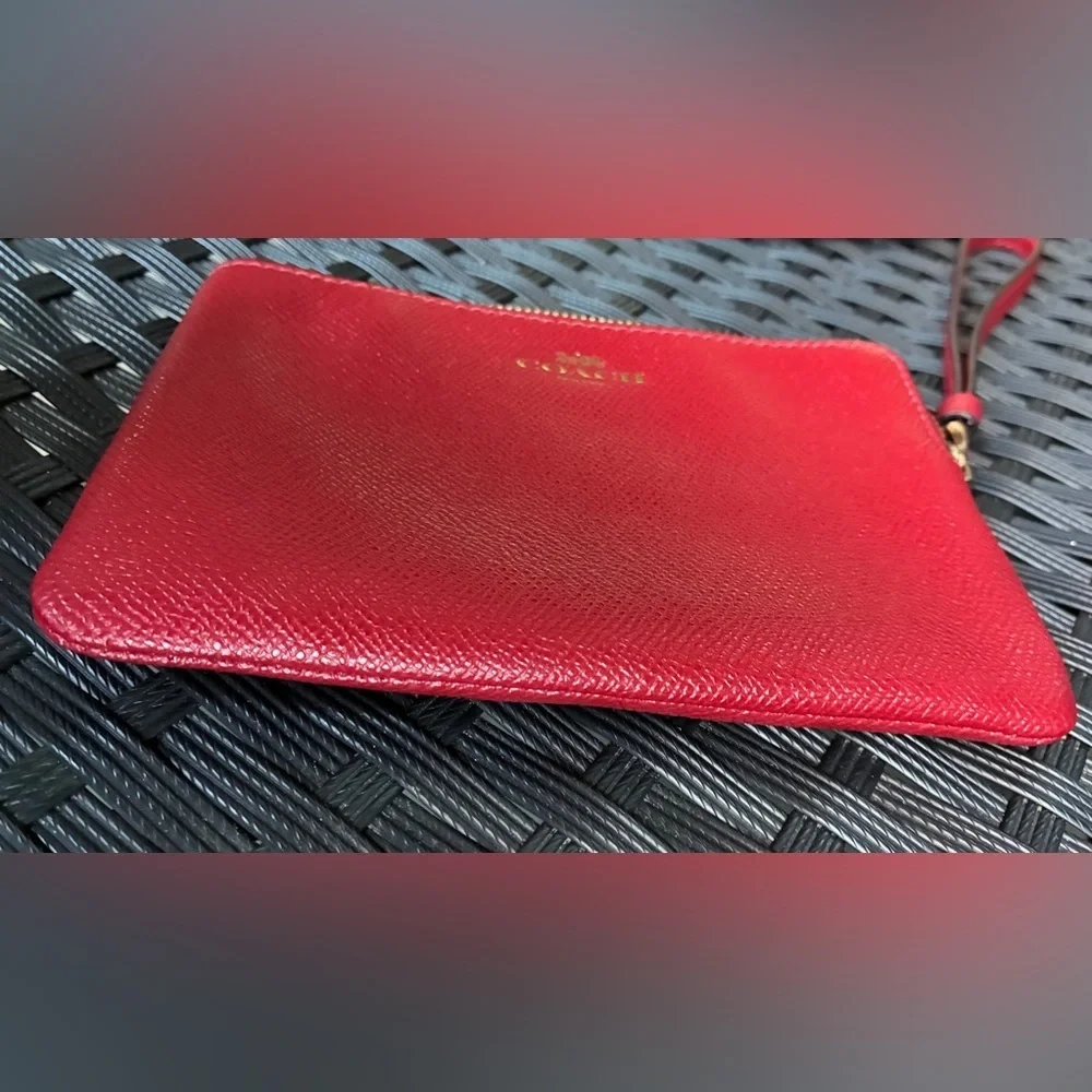 Coach Red Pebbled Leather Wristlet with Gold Logo